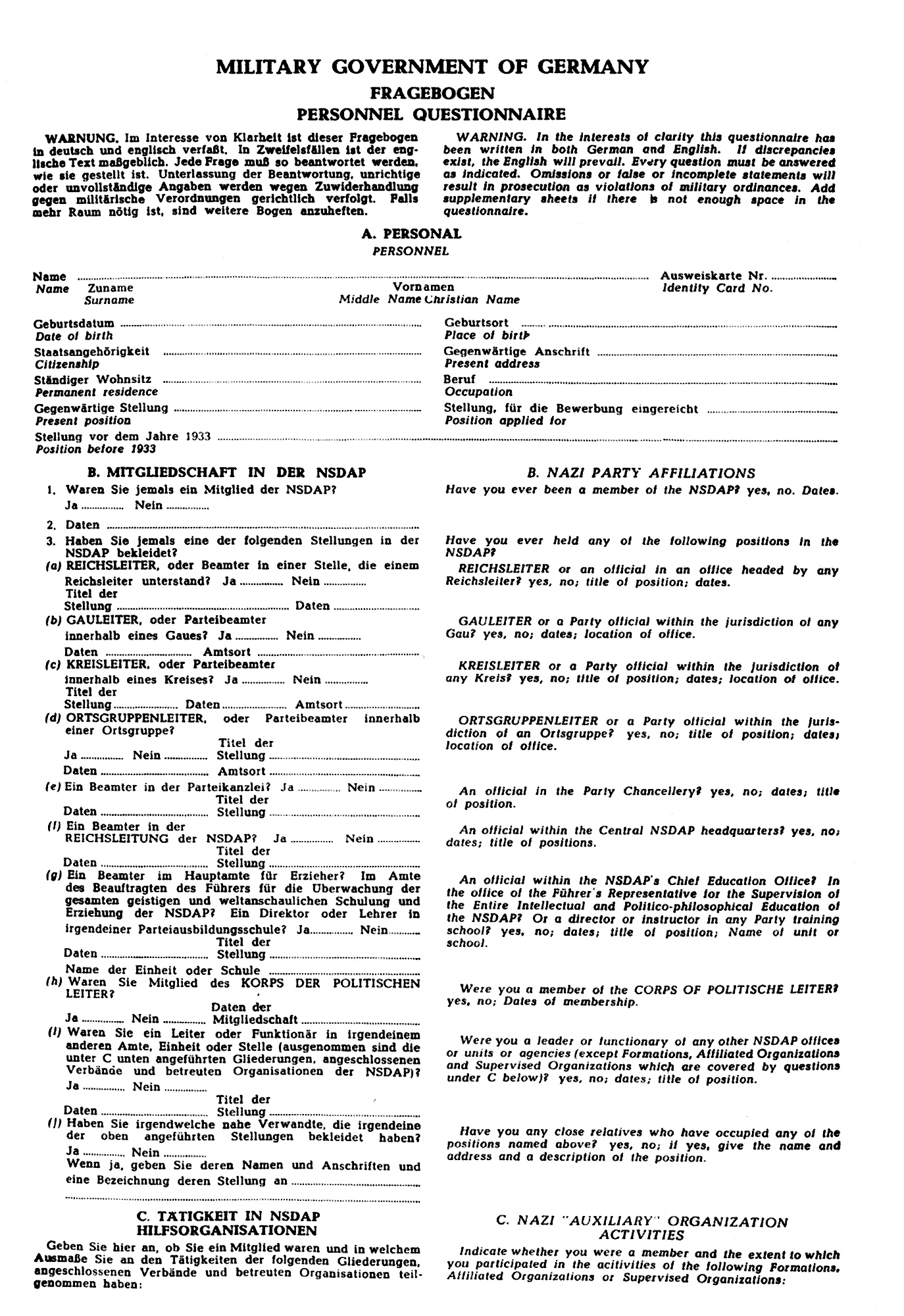 64 16 Entnazifizierungs Fragebogen