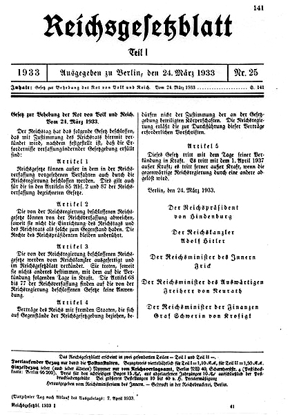 23 01 gesetz zur behebung der not von volk und staat 1933